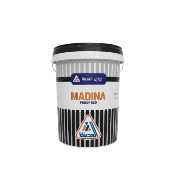 Container of Al Madina Proof 220 black rubberized waterproofing, used for sealing bathrooms and surfaces.
